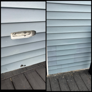 Before and after of an exterior siding repair completed by Anderson Barlow Contractors LLC in Grand Rapids, MI.
