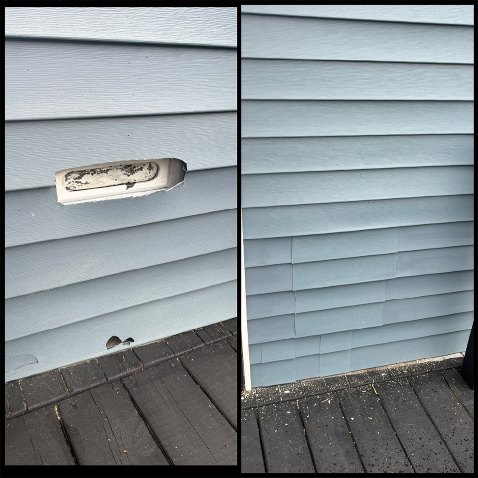 Before and after of an exterior siding repair completed by Anderson Barlow Contractors LLC in Grand Rapids, MI.