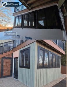 In-process and after view of exterior siding and window installation by Superior Remodelers in Newtown, CT.