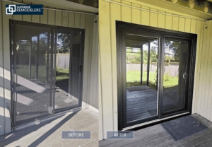 Before and after of an exterior sliding door replacement by Superior Remodelers in Newtown, CT.