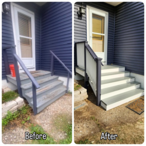 Before and after of exterior stair refinishing by Ace of Space alternative carpentry in Madison, WI
