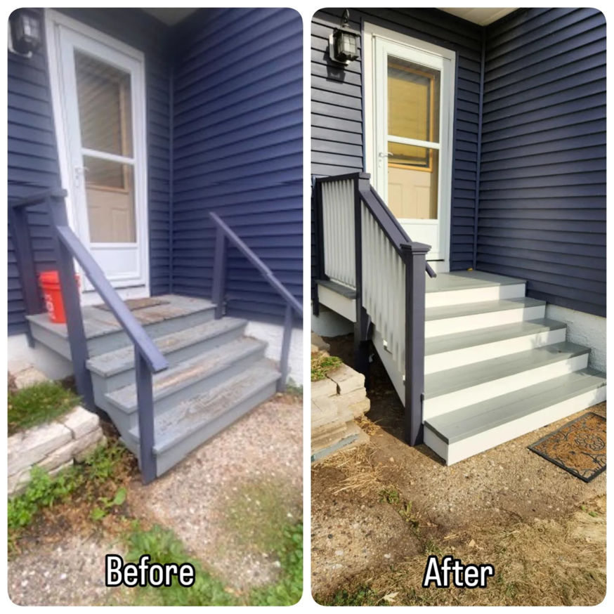 Before and after of exterior stair refinishing by Ace of Space alternative carpentry in Madison, WI
