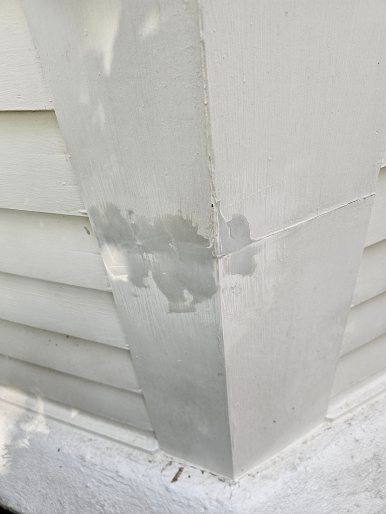 Close-up of exterior trim with patch repair work by KTL Home Repair and Remodeling in Norman, OK