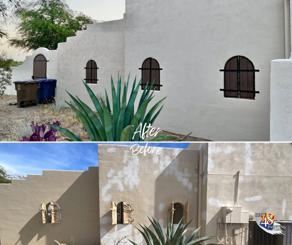 Before and after view of an exterior wall painting and repair project by State 48 Painting Company LLC in Queen Creek, AZ.