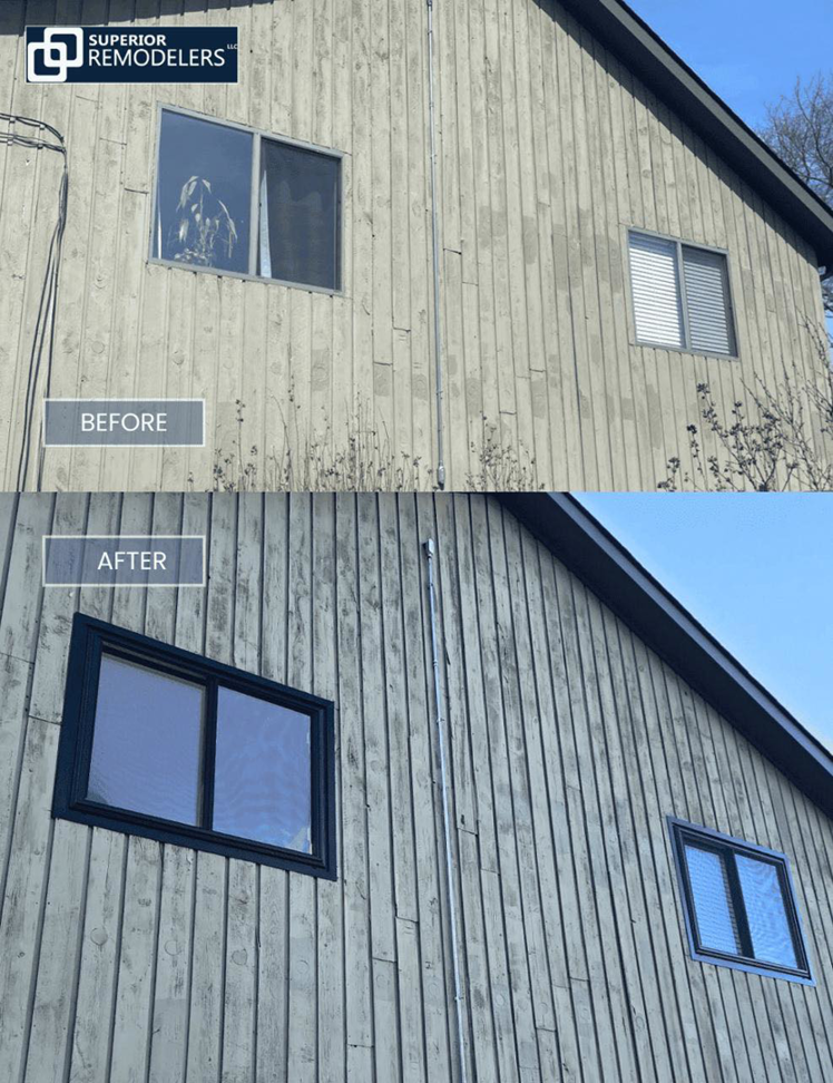 Before and after of exterior window replacement on a house by Superior Remodelers in Newtown, CT.