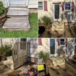 Before and after of exterior wooden steps and railing installation by MB&E Home Improvement in Augusta, ME.