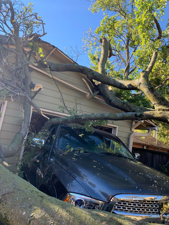 A large fallen tree branch resting on a garage and truck, showing cut ends from cleanup by Hill's Tree Service in Norman, OK.