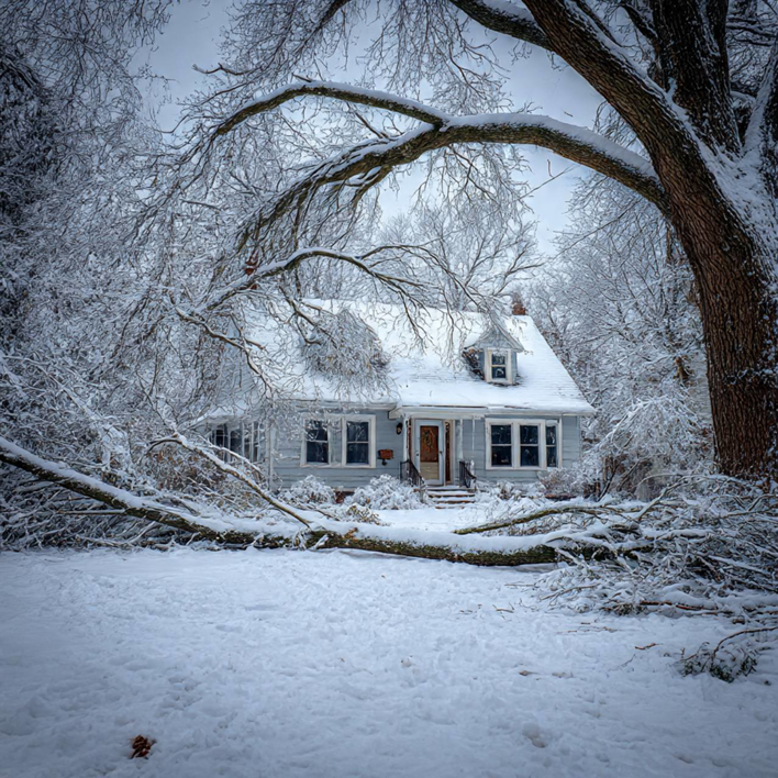 A large fallen tree branch covered in snow in front of a house, showing storm damage for tree removal by Woodland Experts., LLC in Seaford, DE.