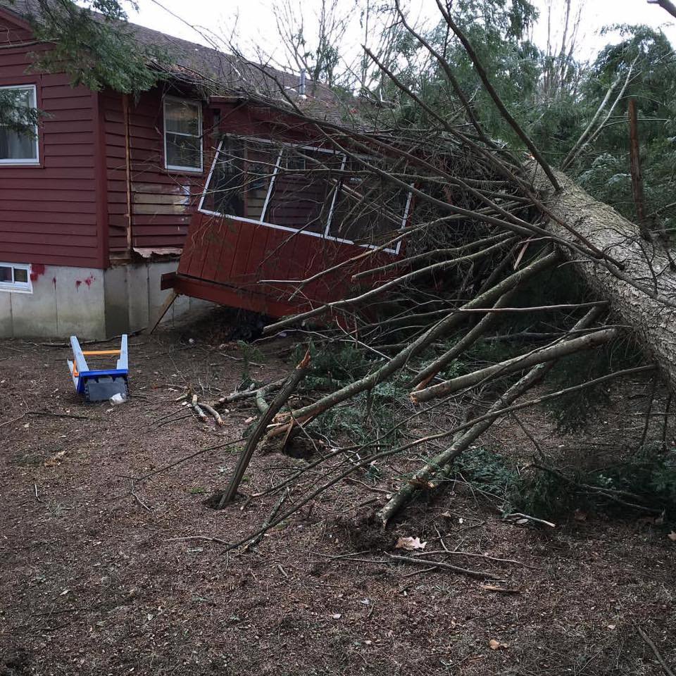 Fallen tree branches on a house, indicating an emergency tree removal job by Collins Tree Service, Inc. in Hooksett, NH.