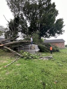 Workers cleaning up a large fallen tree on a residential deck and yard for Parker TX Tree Service in Plano, TX.
