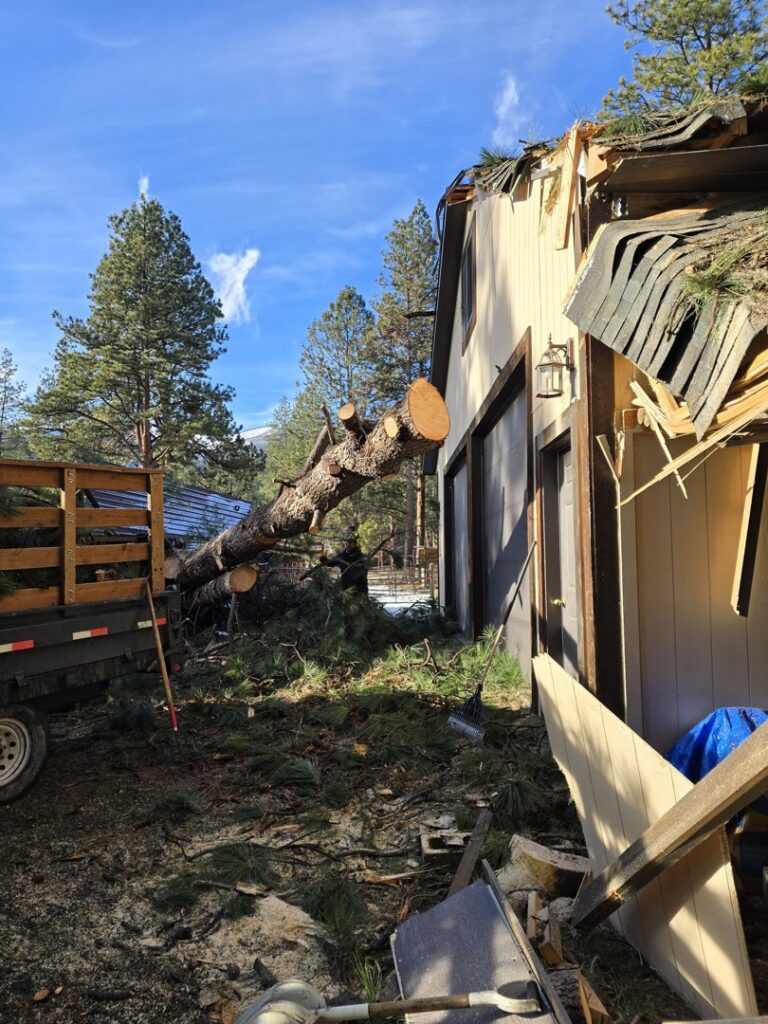 A large fallen tree has damaged a garage, requiring emergency tree removal by PJ's Tree Service in Missoula, MT.