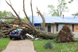 A large tree fallen on a house and car, showing emergency tree removal needs by Top Tree Service Company in Decatur, GA.