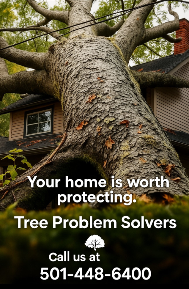 A large fallen tree resting on a house, indicating emergency tree removal services by Tree Problem Solvers in Conway, AR.