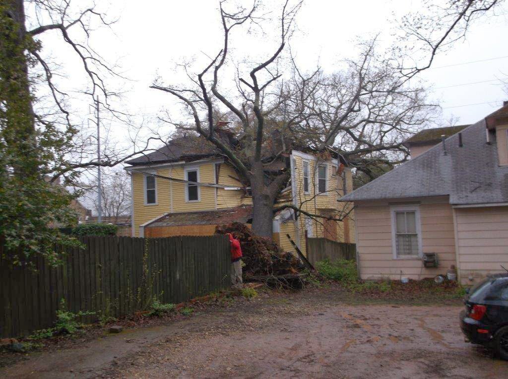 A large fallen tree on a house, requiring emergency tree removal service from Sharp Tree Service in Cumming, GA.