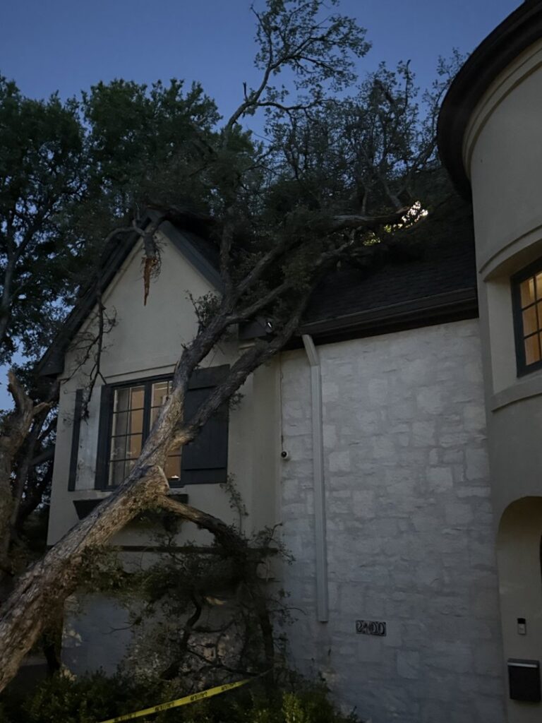 A large tree branch fallen onto a house roof, showing storm damage requiring Austin Tree Specialists in Austin, TX.