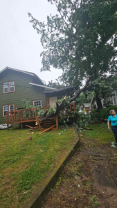 A large tree fallen onto a house's porch, requiring storm damage cleanup and removal by Top Notch Tree Service LLC in Tulsa, OK