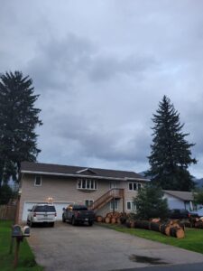 Large felled logs stacked in a residential driveway, indicating recent tree removal by Everybody's Tree Service in Juneau, AK.