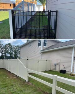 A collage showing black aluminum and white vinyl fences with a ranch-style section, installed by NGC FENCE INC in Jacksonville, FL.