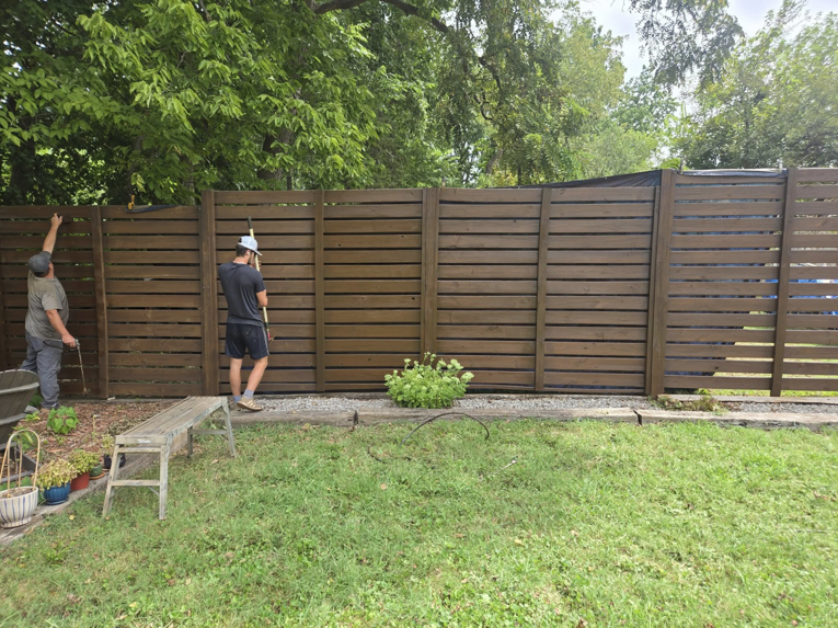 Two workers applying stain to a wooden fence during a restoration project by CParks Pressure Washing and Deck Restoration in Columbia, MO.