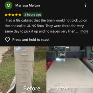 Before and after photos showing the removal of a file cabinet by JUNK BRO'S in Hickory, NC.