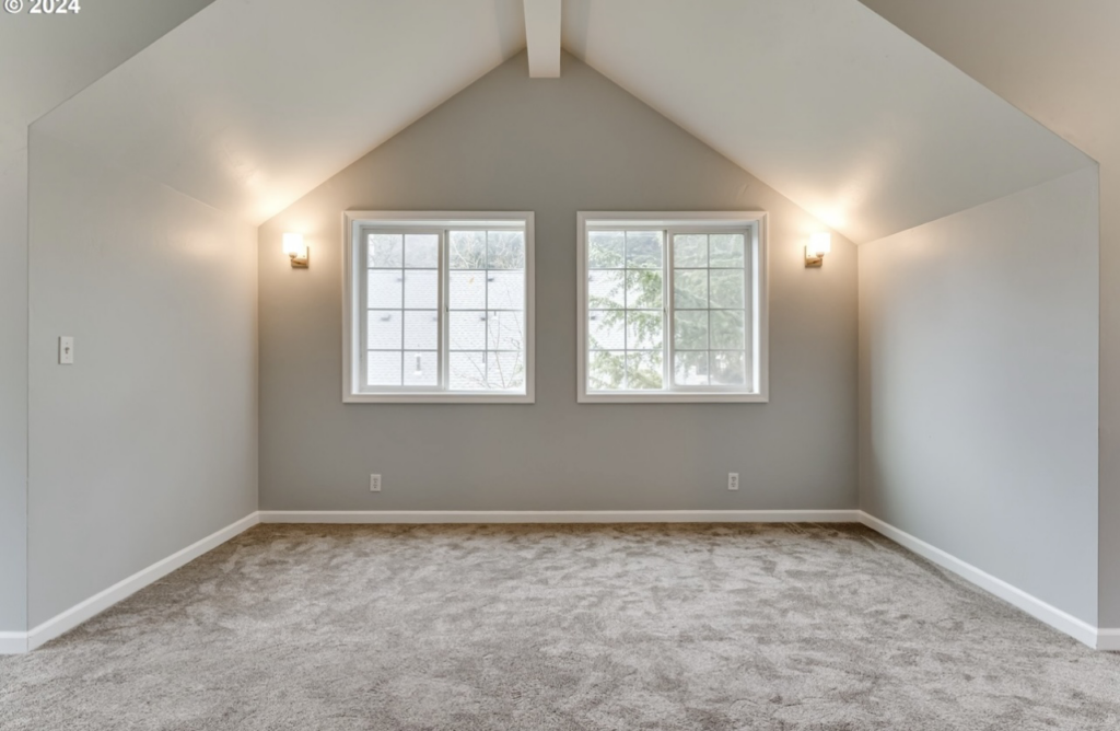 A finished attic bedroom with new carpet and wall sconces by Green Peaks Painting and Remodeling in Elmira, OR