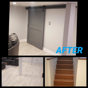 A finished basement featuring a modern barn door and renovated stairs by Peterson Home Improvement LLC in Highland, NY.