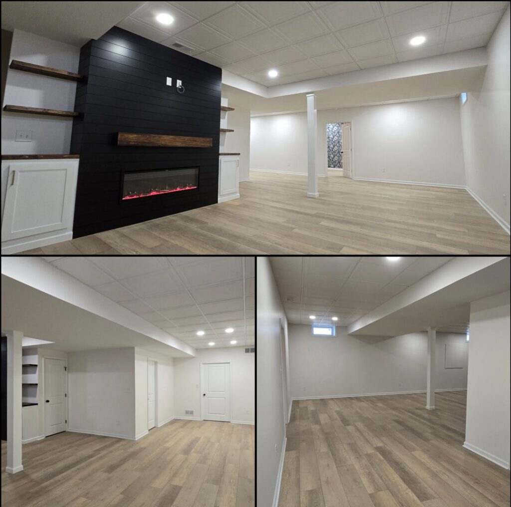 A beautifully finished basement remodel with new flooring, recessed lighting, and a modern fireplace feature wall by Blas Home Remodeling LLC in New Castle, DE.