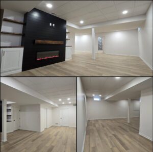 A beautifully finished basement remodel with new flooring, recessed lighting, and a modern fireplace feature wall by Blas Home Remodeling LLC in New Castle, DE.