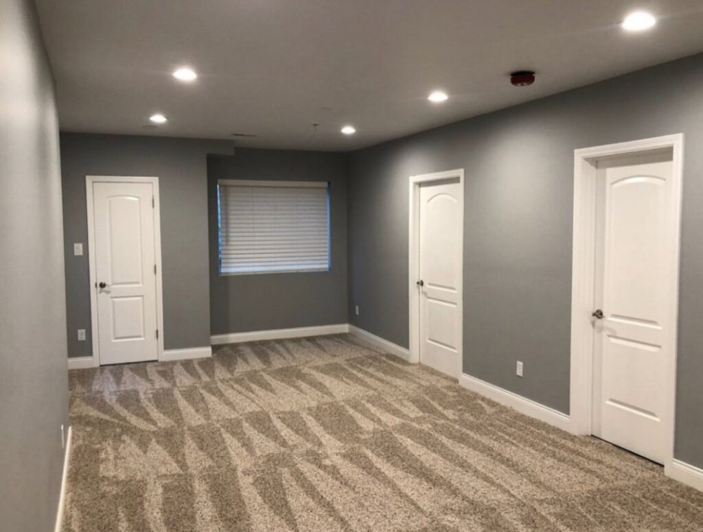 A newly finished basement room with patterned carpet and multiple white doors by Grizzly Renovations in Naperville, IL