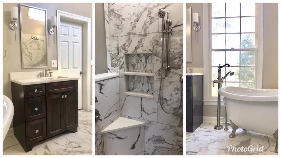A collage showcasing finished bathroom elements including a vanity, tiled shower, and freestanding tub by The Womack Group / Home Service Plus, LLC in Franklin, TN
