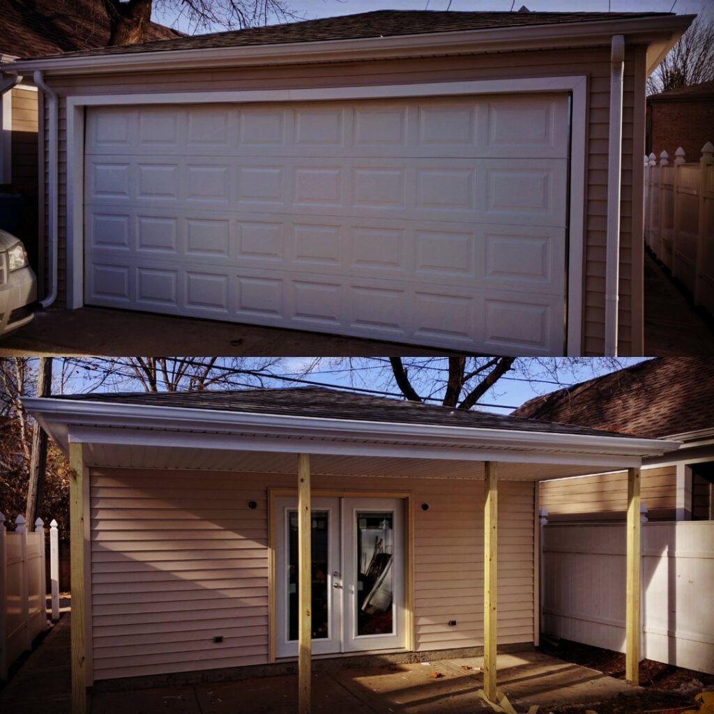 A two-panel image showing the front and side of a finished garage by A-Windy City Garages & Doors in Chicago, IL.