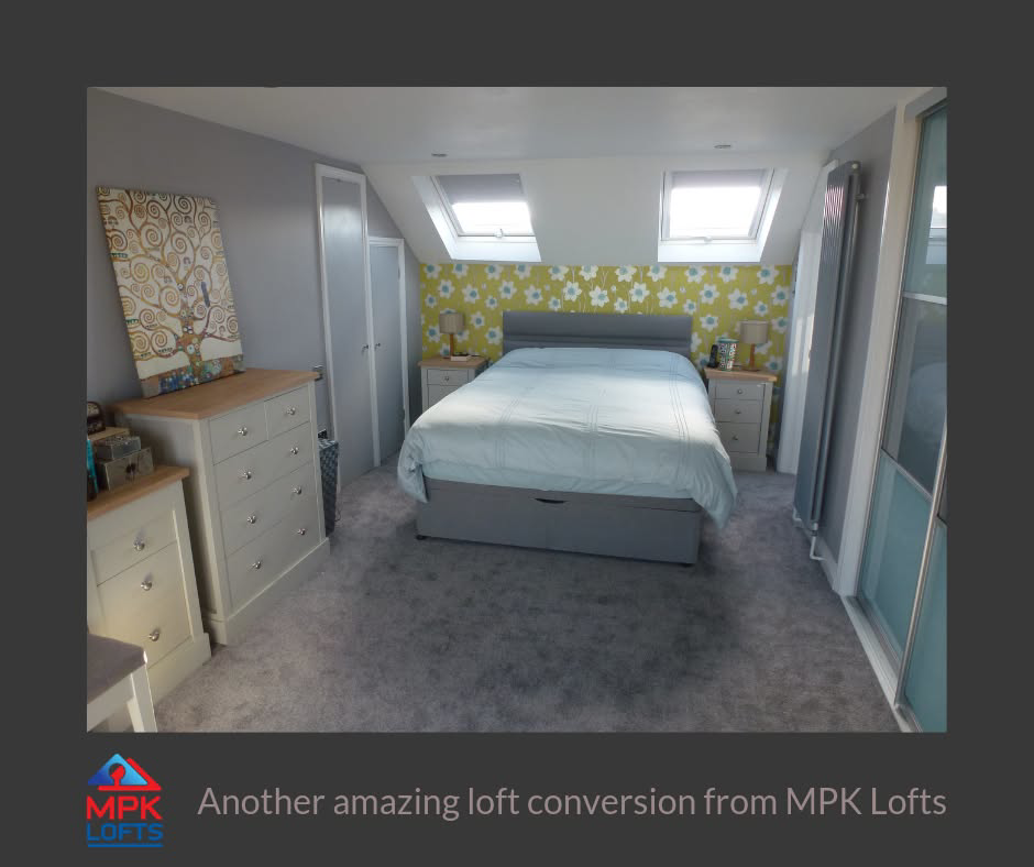 A beautifully finished bedroom in a loft conversion with skylights by MPK Conversions & Construction Ltd in Bristol, UK.