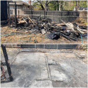 Before and after photos showing the cleanup and removal of fire-damaged debris from a backyard by Junk Fade Away, LLC in Jacksonville, FL.