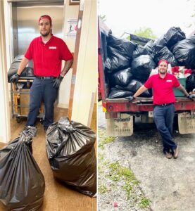 A Fire Dawgs Junk Removal employee collects and loads numerous trash bags into a truck in Bloomington, IN.
