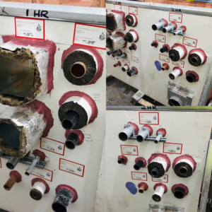 A collage showing various fire-rated penetration seals and firestopping applications by Bartkowski Life Safety, Corp. in Raleigh, NC.