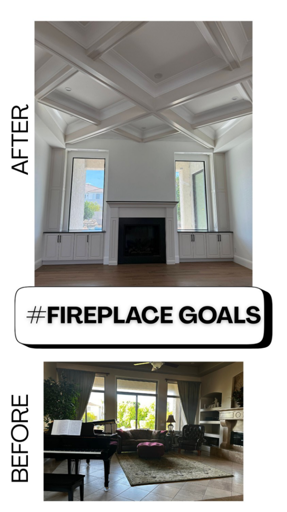 Before and after of a fireplace and built-in cabinet renovation by Arcadia Building Company in Mesa, AZ.
