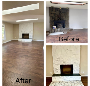 Before and after photos of a fireplace and living room remodel completed by Grace & Grit Remodeling LLC in Vancouver, WA.