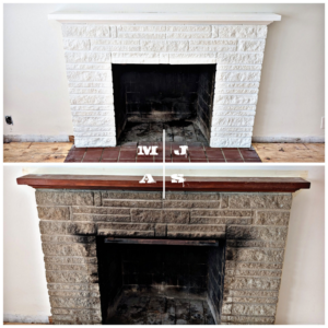 Before and after of a fireplace renovation, transforming brick and mantel, by Moore Jobs and Services in Bristol, VA.