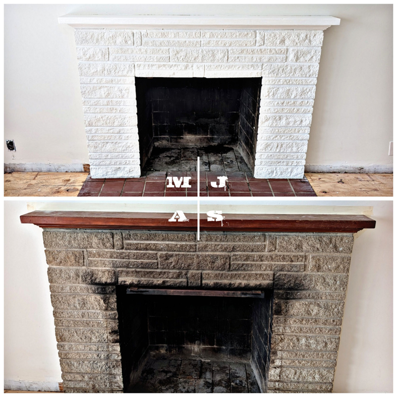 Before and after of a fireplace renovation, transforming brick and mantel, by Moore Jobs and Services in Bristol, VA.
