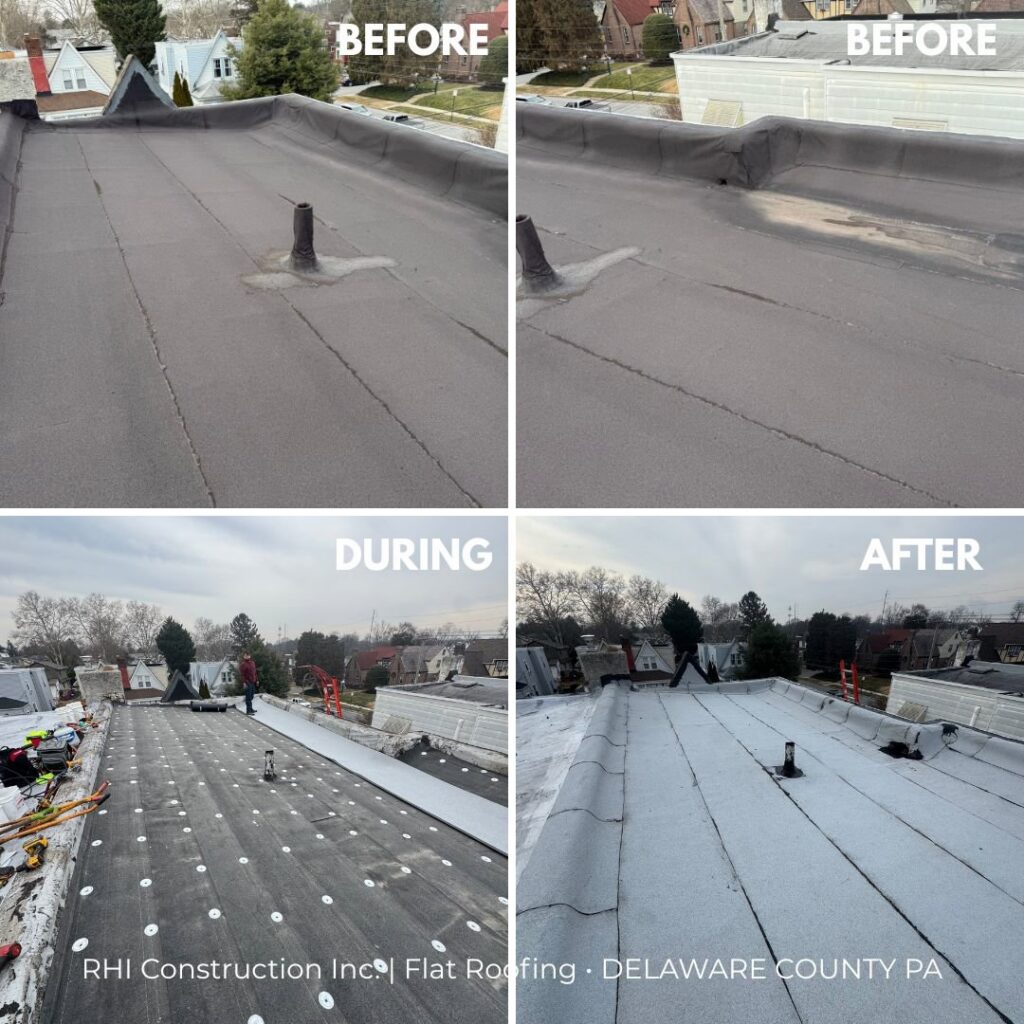 A collage showing the before, during, and after stages of a flat roofing project by RHI Construction Inc in Philadelphia, PA.