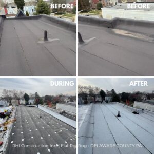 A collage showing the before, during, and after stages of a flat roofing project by RHI Construction Inc in Philadelphia, PA.