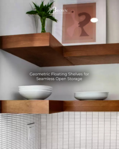Newly installed geometric floating shelves by S. Brown Construction Co. in Lafayette, IN