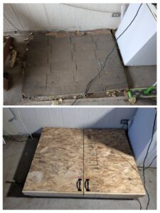 Before and after of a floor repair or covering project by Precision Home Solutions in Santa Fe, TN