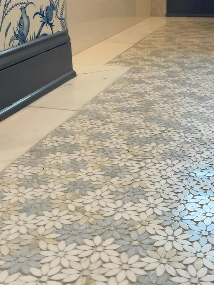 Intricate floral mosaic tile flooring expertly installed by Williamson Flooring & Design Center in Rock Hill, SC