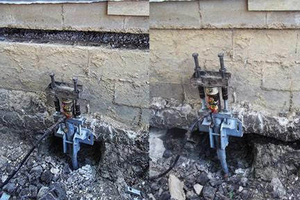 Before and after view of foundation repair with hydraulic piers by Helitech Waterproofing & Foundation Repair in Kingdom City, MO.