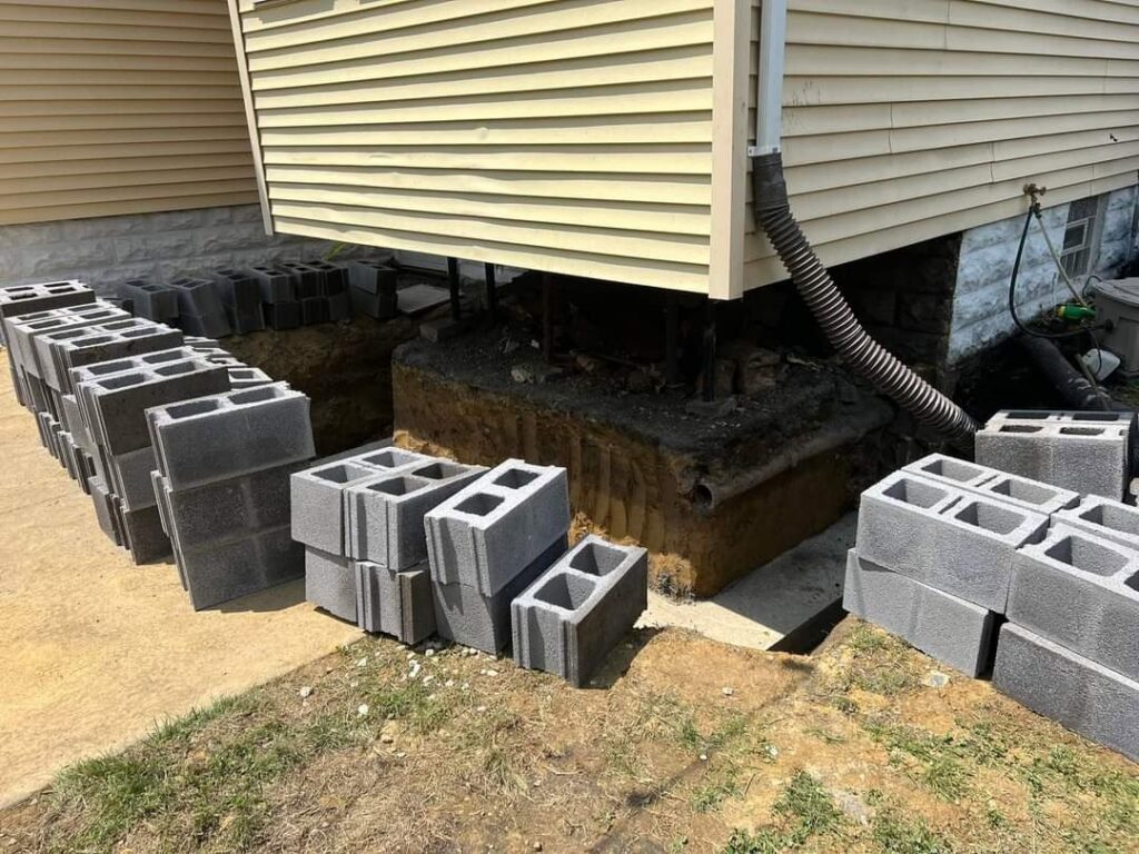 Exterior of house with concrete blocks stacked for foundation repair work by Pioneer Basement Solutions in Canton, OH.