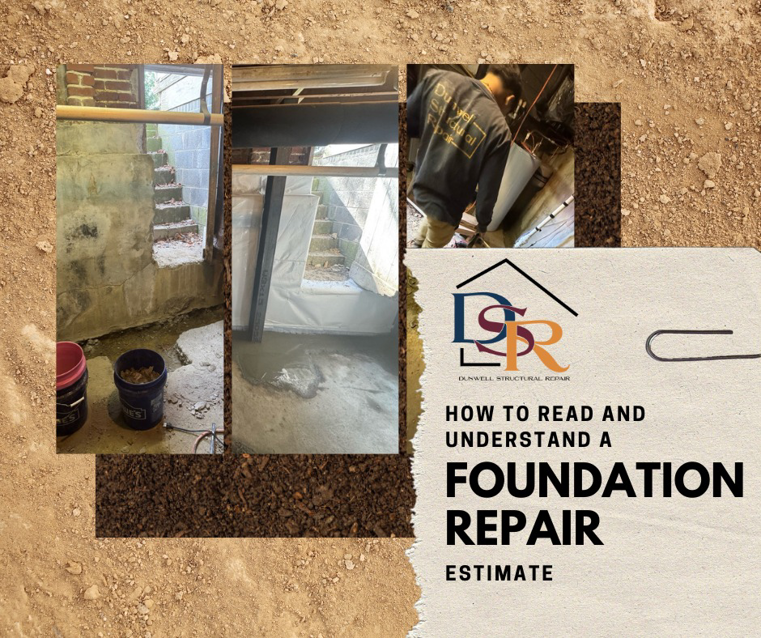 A Dunwell Structural Repair handyman working on a foundation repair in a crawlspace, with before and after images of the concrete and waterproofing in High Point, NC.