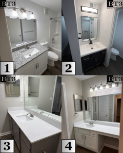 A collage showcasing four different renovated bathroom vanity areas completed by BT3 Renovations in Dayton, OH.
