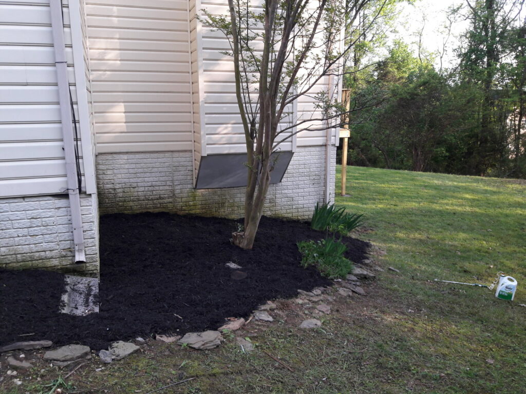 A freshly mulched garden bed along the side of a house, completed by C&C LAWN CARE,MOVING & TRASH REMOVAL in Baltimore, MD