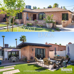 Front and back exterior view of a beautifully remodeled brick house by Homework Remodels in Phoenix, AZ.